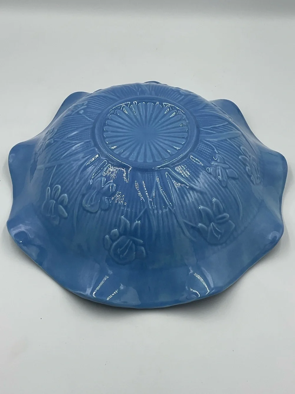 Vintage Jeannette Glass Company “Iris & Herringbone” Serving Bowl Painted Blue